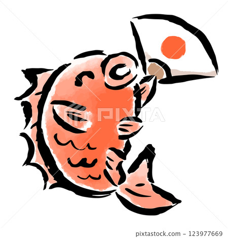 一隻紅鯛魚帶著扇子跳躍 — — 手繪插圖 一隻紅鯛魚帶著扇子跳躍 — — 手繪插圖 123977669