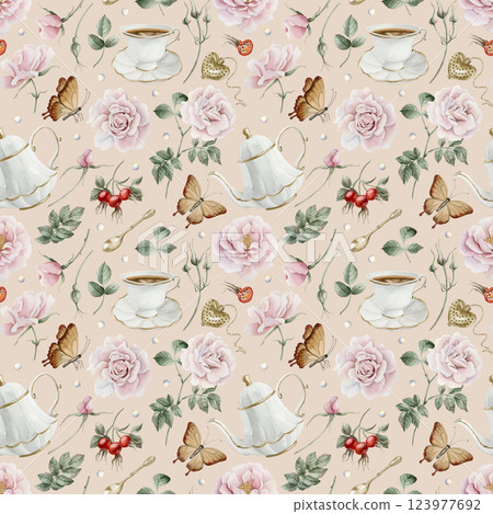 Tea set, wild rose hip pink flowers and red berries with brown butterflies. Watercolor hand painted floral seamless pattern on beige background for lovely textile, whimsical fabrics, wrapping paper Tea set, wild rose hip pink flowers and red berries with brown butterflies. Watercolor hand painted floral seamless pattern on beige background for lovely textile, whimsical fabrics, wrapping paper 123977692