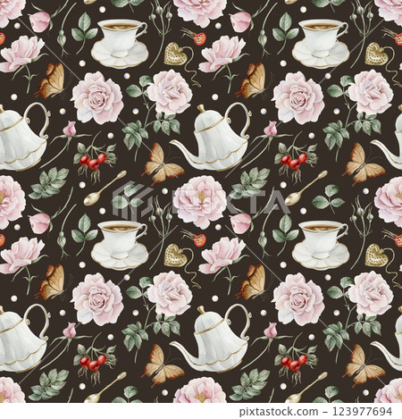 Tea set, wild rose hip pink flowers and red berries with brown butterfly. Watercolor hand painted floral seamless pattern on dark black background for lovely textile, whimsical fabric, wrapping paper Tea set, wild rose hip pink flowers and red berries with brown butterfly. Watercolor hand painted floral seamless pattern on dark black background for lovely textile, whimsical fabric, wrapping paper 123977694