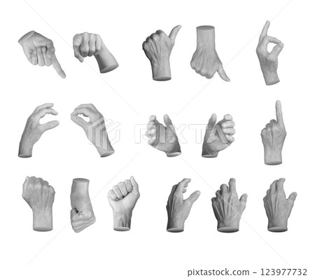 An elderly woman s hand in various gestures: pointing, OK, thumbs up, fist, and reaching out. Aged, 123977732