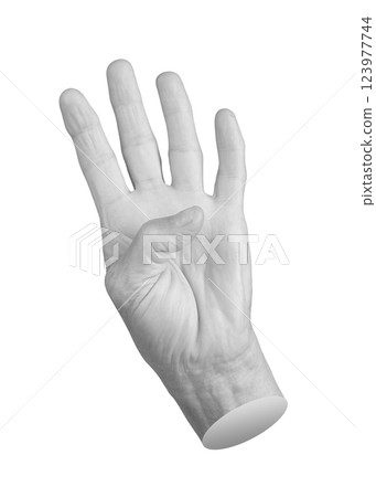 Senior woman showing four with hand gesture. Aged, wrinkled fingers held up in front position, palm Senior woman showing four with hand gesture. Aged, wrinkled fingers held up in front position, palm 123977744