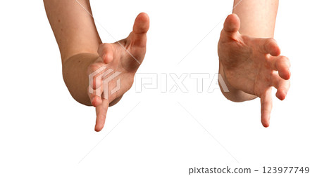 Hands open, reaching forward, presenting and offering an invisible object. Fingers spread, palms Hands open, reaching forward, presenting and offering an invisible object. Fingers spread, palms 123977749