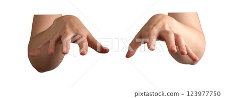 Hands in motion, reaching forward, fingers slightly curved, palms open, hovering over an unseen 123977750