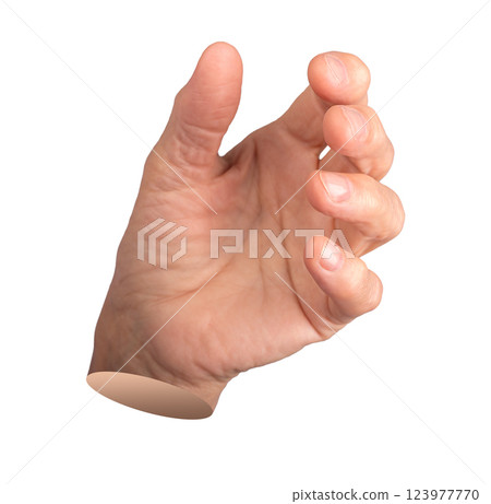 Elderly hand with fingers slightly curved, grasping an invisible object. Wrinkled, aged skin with Elderly hand with fingers slightly curved, grasping an invisible object. Wrinkled, aged skin with 123977770