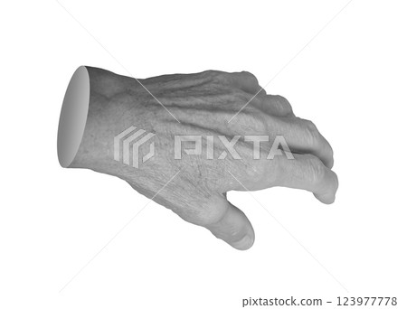 Elderly hand reaching out, fingers slightly curled in a grasping gesture. Aged skin with visible 123977778