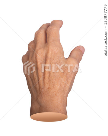 Elderly hand reaching forward, fingers slightly curled in a grasping gesture. Aged skin with visible 123977779