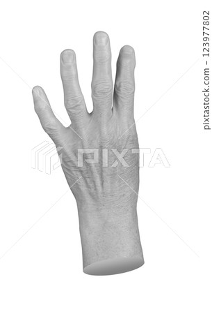 Elderly hand displaying four fingers in an expressive gesture. Aged skin with visible veins and Elderly hand displaying four fingers in an expressive gesture. Aged skin with visible veins and 123977802