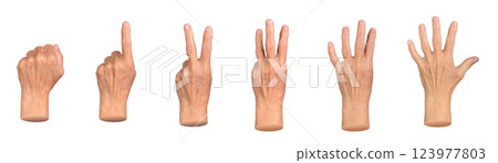Elderly hand counting from one to five, with fingers extended in sequence. Aged skin with visible Elderly hand counting from one to five, with fingers extended in sequence. Aged skin with visible 123977803