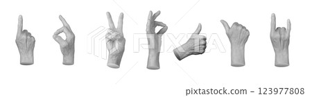 An elderly woman s hand showing various gestures: OK, peace, victory, thumb up, devil, and pointing. 123977808
