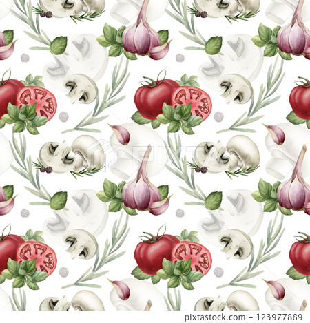 Tomatoes, garlic, mushrooms, basil leaves and rosemary. Fresh vegetables. Watercolor food seamless pattern on white background for kitchen table textile, delicious fabric, food package, wrapping paper 123977889