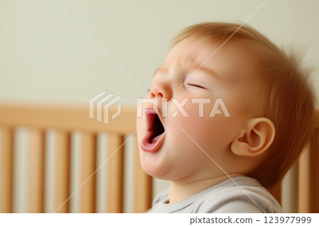 A newborn baby snuggled into their crib, yawning peacefully A newborn baby snuggled into their crib, yawning peacefully 123977999