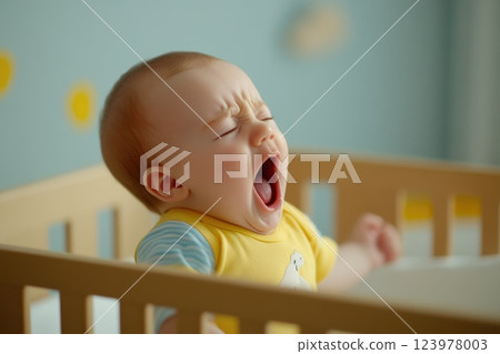 Newborn baby yawning in a cozy crib Newborn baby yawning in a cozy crib 123978003