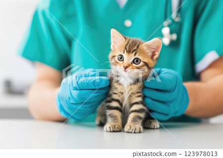 Veterinarian Holding Kitten for Safe Vaccination 123978013