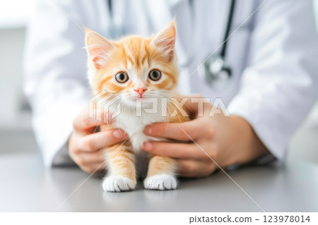 Close-Up of Kitten Receiving Vaccination from Vet 123978014