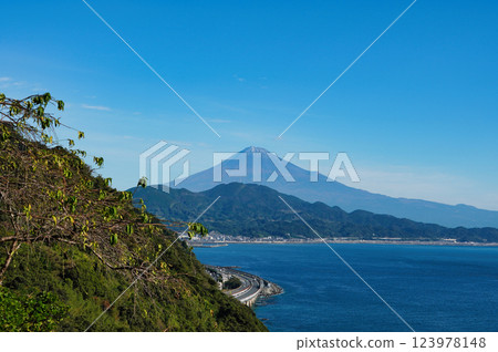 A spectacular view of Mt. Fuji and Suruga Bay from Satta Pass: a famous spot in Shizuoka A spectacular view of Mt. Fuji and Suruga Bay from Satta Pass: a famous spot in Shizuoka 123978148