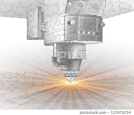 Laser cutting metal isolated on white. Additive manufacturing, precision engineering. 123978254