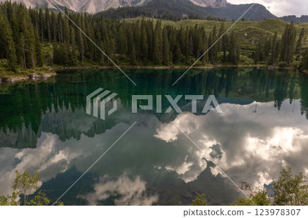 small alpine lake in the Dolomites 123978307