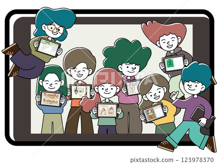 兒童享受平板電腦學習（ICT 教育）的向量插圖 123978370