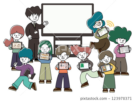 孩子們在教室裡用大顯示器享受平板電腦學習的向量插圖（帶影印空間） 123978371