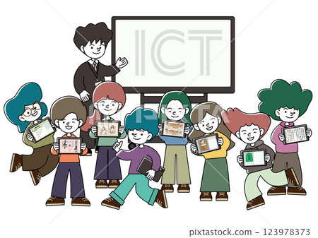 A vector illustration of children enjoying tablet learning in a classroom with a large monitor 123978373