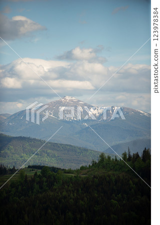 Snow-capped mountain range under a blue sky with fluffy clouds and lush green valley during the late afternoon light Snow-capped mountain range under a blue sky with fluffy clouds and lush green valley during the late afternoon light 123978384