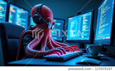 Octopus wearing glasses types code on a keyboard in a dark room with three glowing computer screens displaying programming 123978387