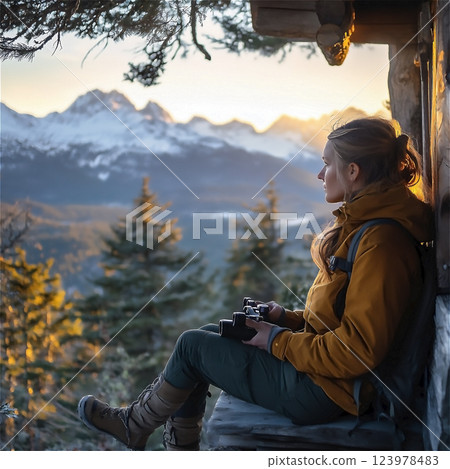 A woman explorer gazes at mountain peaks, lost in natures serene beauty. High quality photo 123978483