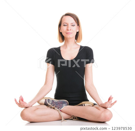 Sport Young yoga woman doing exercise isolated on white 123978530