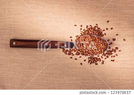 Flax seeds linseed on kitchen spoon Flax seeds linseed on kitchen spoon 123978637