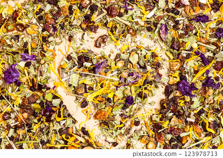 Assorted natural medical herbs with shape of heart Assorted natural medical herbs with shape of heart 123978713