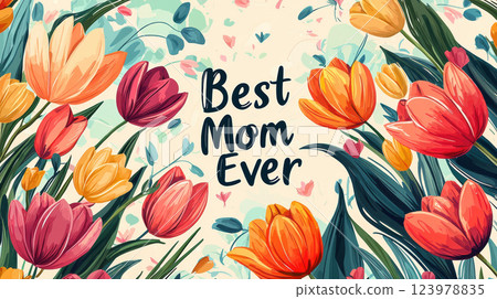 Best Mom Ever text surrounded by vibrant tulips and leaves in cheerful floral design 123978835