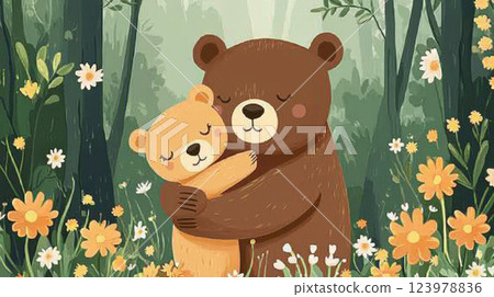 Bear and cub share warm hug in vibrant forest filled with flowers Bear and cub share warm hug in vibrant forest filled with flowers 123978836