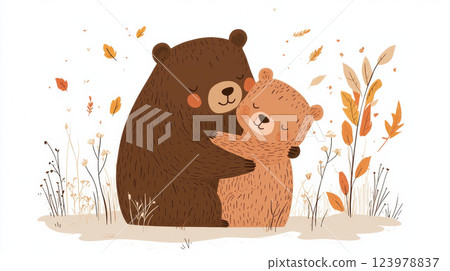 Cute illustration of two bears hugging surrounded by autumn leaves and plants 123978837