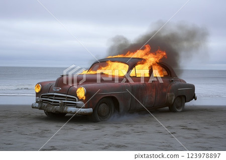 Vintage car with fiery design against a coastal backdrop Vintage car with fiery design against a coastal backdrop 123978897