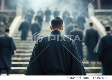 Warrior in Black Leading a Samurai Group in Temple Warrior in Black Leading a Samurai Group in Temple 123978920