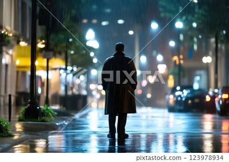 Rainy street with a mysterious trench coat figure Rainy street with a mysterious trench coat figure 123978934
