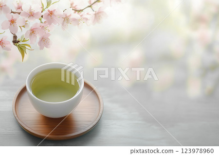 Pink cherry blossoms and green tea. Spring in Japan. Kyoto tourism image 123978960