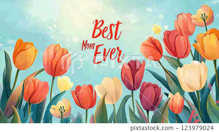 Colorful tulips with Best Mom Ever text on bright sky background 123979024