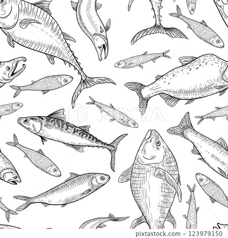 Sardine, anchovy monochrome vector seamless pattern hand drawn. Herring, flounder black white drawing. Fishes tuna, salmon, mackerel engraving texture. Various sea fish on repeat background line art. 123979150