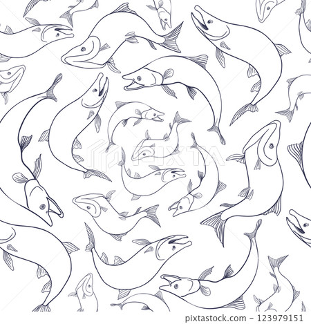 Seamless pattern with trout and salmon black vector silhouettes. Hand drawn nerka fish outline on repeat texture for packaging, textiles, backgrounds, wrapping paper, and fishing designs. Seamless pattern with trout and salmon black vector silhouettes. Hand drawn nerka fish outline on repeat texture for packaging, textiles, backgrounds, wrapping paper, and fishing designs. 123979151