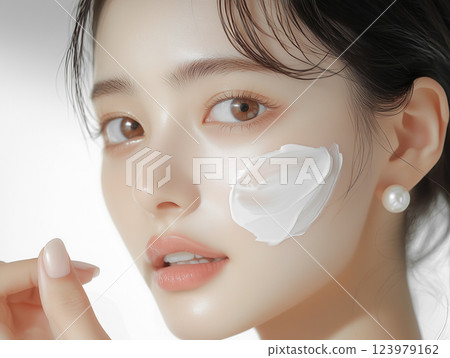 一名婦女在臉上塗抹白色保濕霜(美容、護膚、化妝品、美容、健康) 一名婦女在臉上塗抹白色保濕霜(美容、護膚、化妝品、美容、健康) 123979162