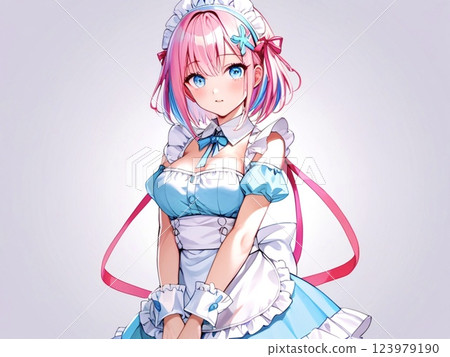 Illustration: Beautiful girl in pink hair and maid outfit, simple background 123979190