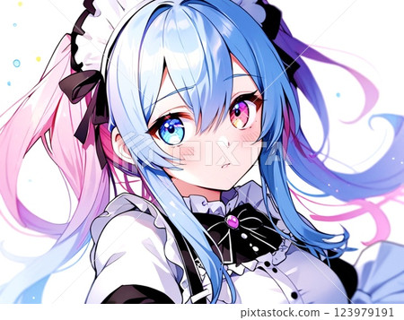 Illustration: Beautiful girl in maid outfit with blue and pink hair, simple background 123979191