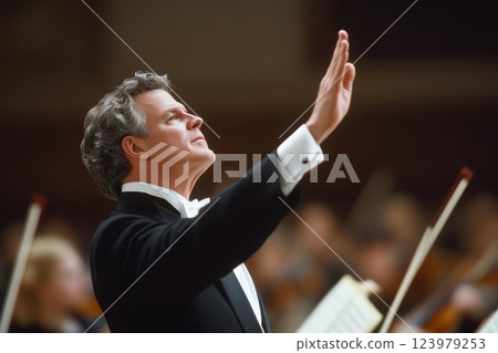 Elegant Tuxedo-Clad Maestro Directing Musical Performance 123979253