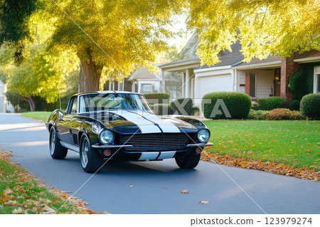 Classic vehicle parked with vibrant sunset reflection 123979274