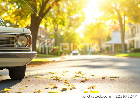 Retro car glimmering under golden sunset rays on street 123979277
