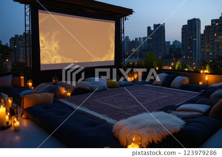 Romantic Rooftop Cinema Under City Lights Romantic Rooftop Cinema Under City Lights 123979286