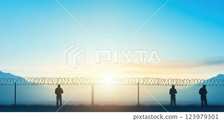 Heavily Guarded Border with Barbed Wire and Weaponry Heavily Guarded Border with Barbed Wire and Weaponry 123979301