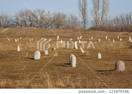 Kurgan stelae, Balbal, ancient historical stones Kurgan stelae, Balbal, ancient historical stones 123979396