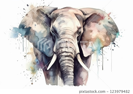 Watercolor elephant portrait illustration on white background 123979482
